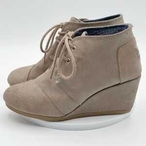 TOMS Suede Desert Wedge Booties Lace Up Ankle Boots Taupe Casual Womens Size 5.5